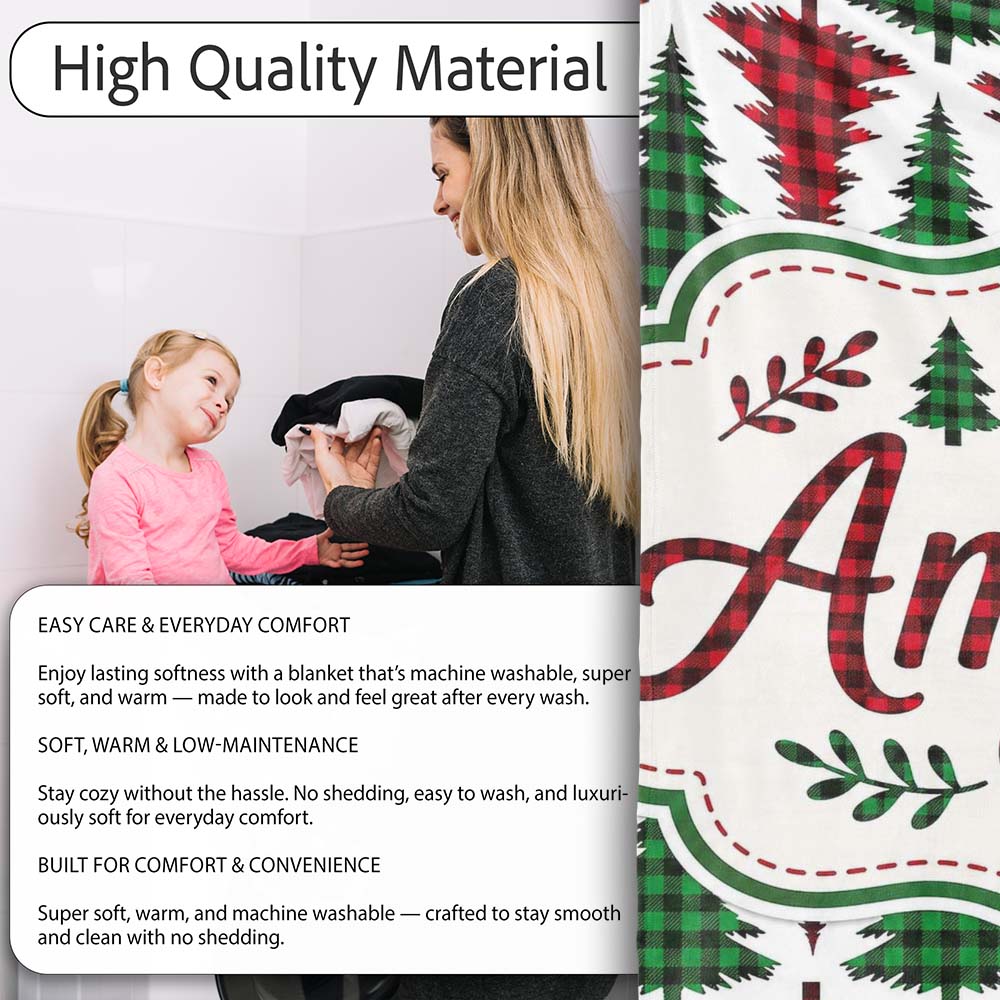 Buffalo Plaid Christmas Tree in Red and Green Rustic Seamless Personalised Custom Name Super Soft Fleece Blanket Bed Sofa Throw