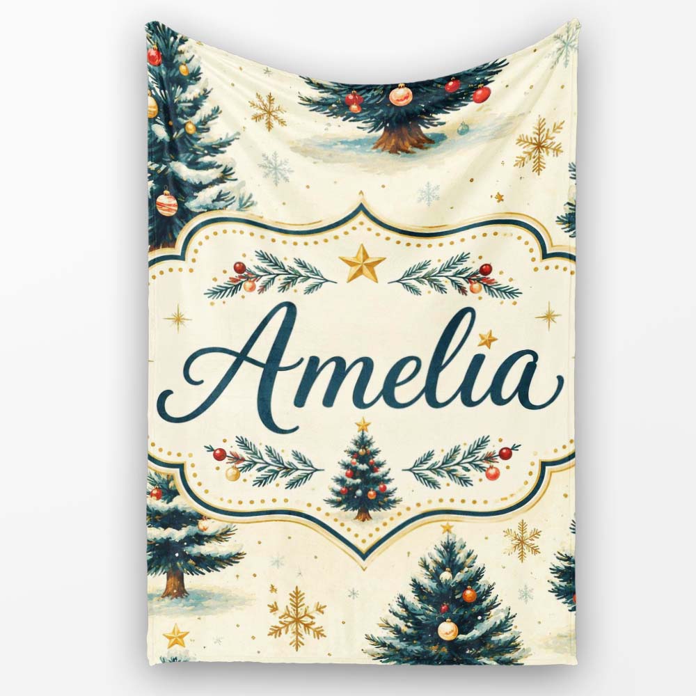 Watercolor Snowy Christmas Trees with Golden Snowflakes Seamless Personalised Custom Name Super Soft Fleece Blanket Bed Sofa Throw