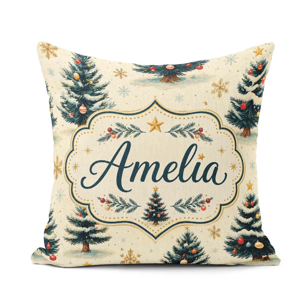 Custom Name Watercolor Snowy Christmas Trees Snowflakes Seamless Square Filled Cushion Throw Pillow Sofa Bed Home Decor Zip Washable UK Made