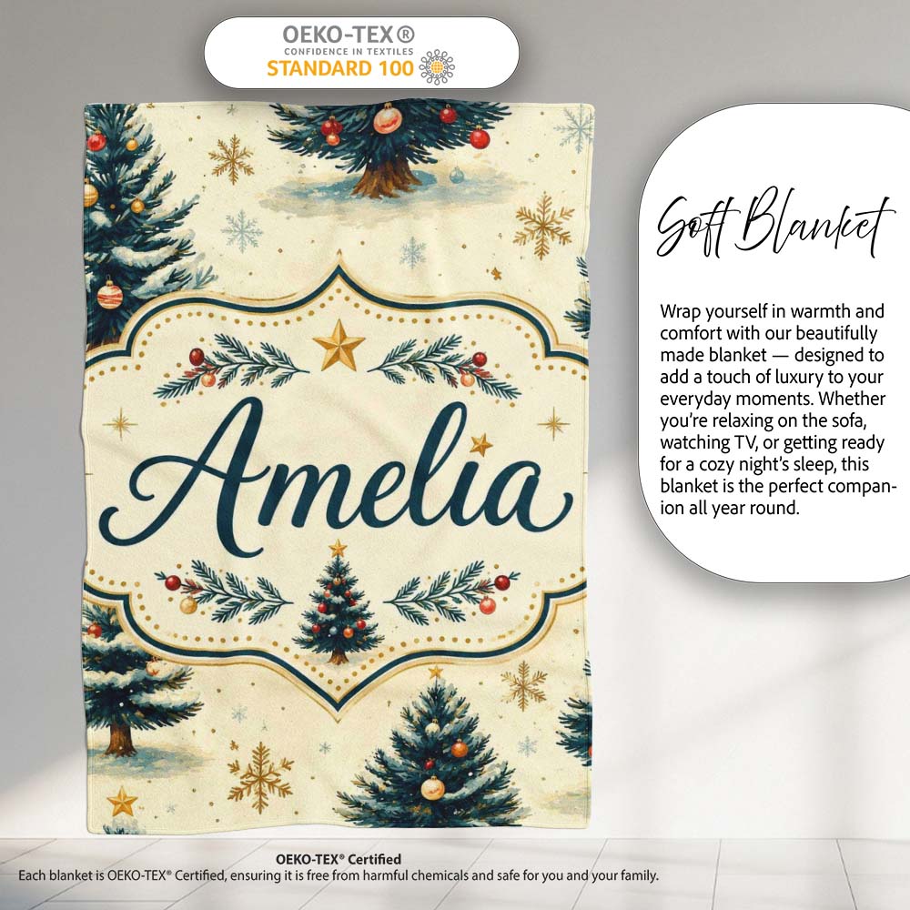 Watercolor Snowy Christmas Trees with Golden Snowflakes Seamless Personalised Custom Name Super Soft Fleece Blanket Bed Sofa Throw