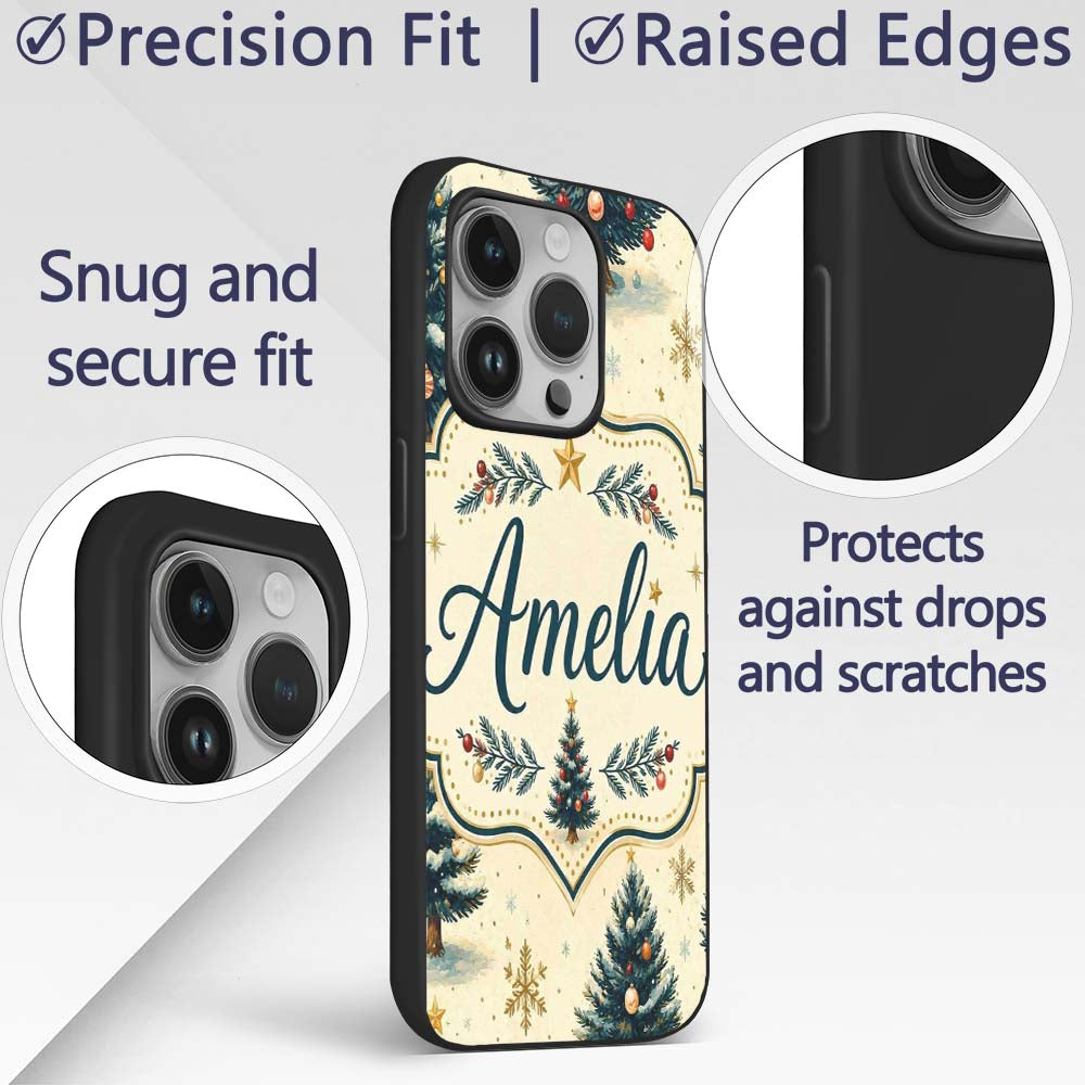 Watercolor Snowy Christmas Trees with Golden Custom Name Protective Phone Case Mobile Cover Durable Everyday Smartphone Shock Resistant