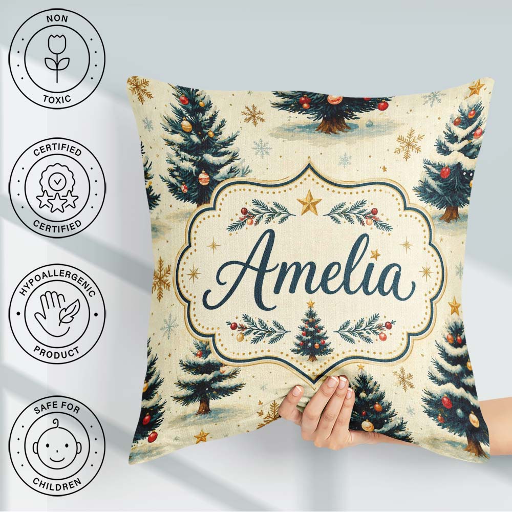Custom Name Watercolor Snowy Christmas Trees Snowflakes Seamless Square Filled Cushion Throw Pillow Sofa Bed Home Decor Zip Washable UK Made