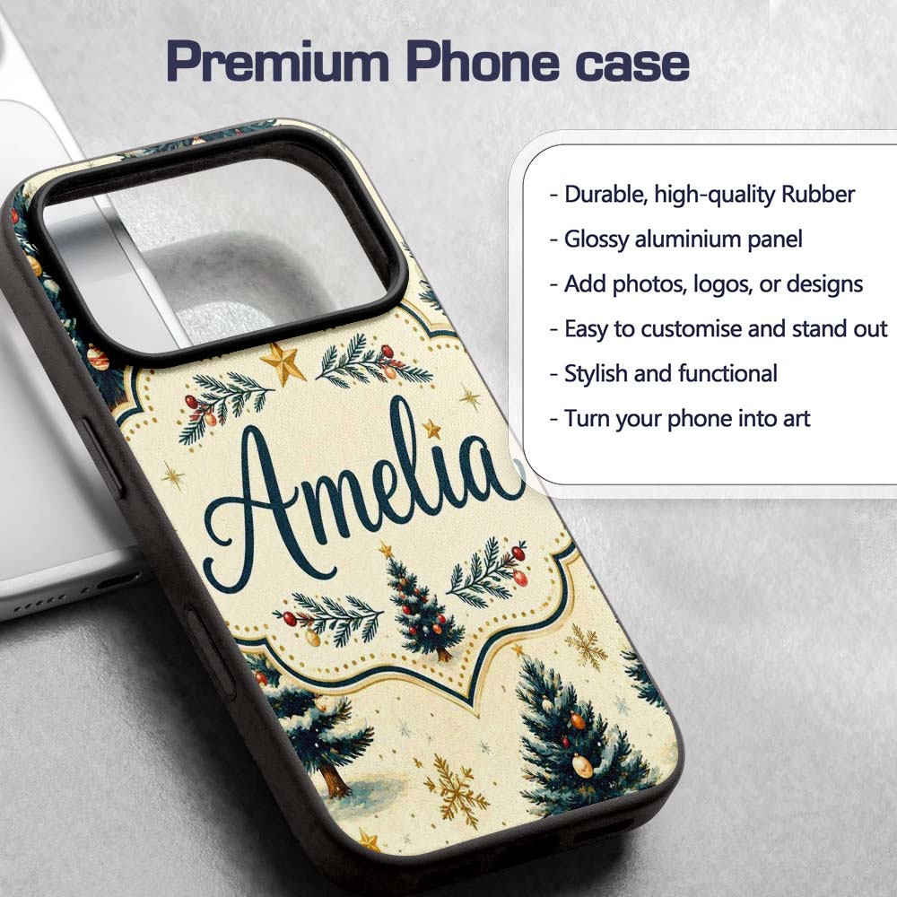 Watercolor Snowy Christmas Trees with Golden Custom Name Protective Phone Case Mobile Cover Durable Everyday Smartphone Shock Resistant