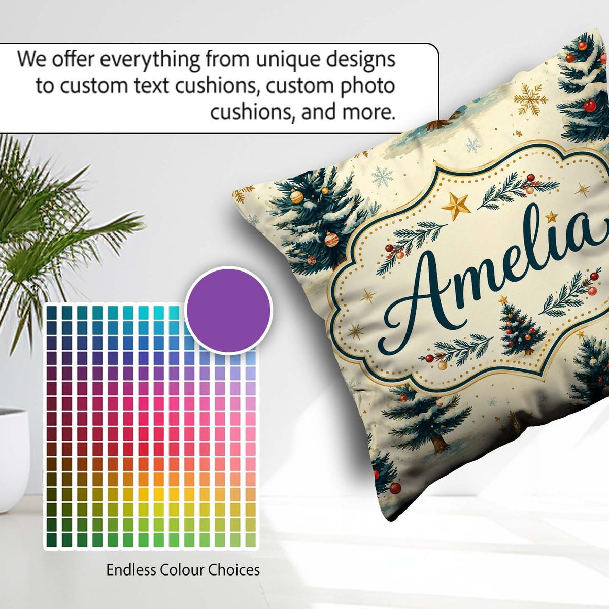 Custom Name Watercolor Snowy Christmas Trees Snowflakes Seamless Square Filled Cushion Throw Pillow Sofa Bed Home Decor Zip Washable UK Made