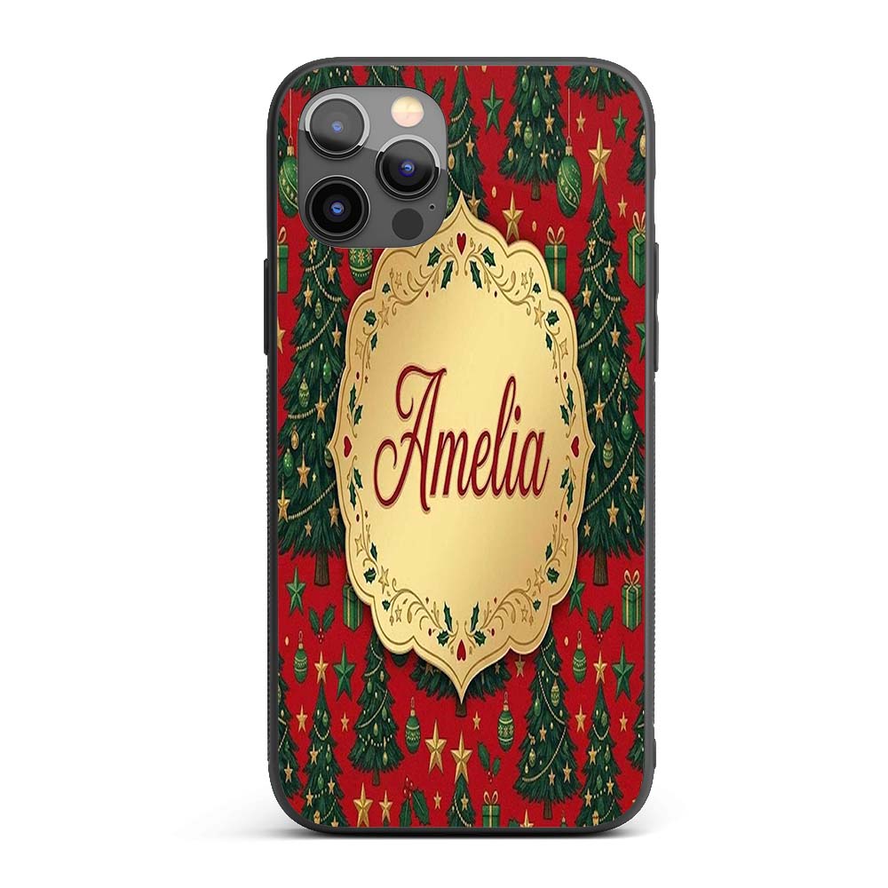 Festive Christmas Trees with Gifts Stars and Custom Name Protective Phone Case Mobile Cover Durable Everyday Smartphone Shock Resistant