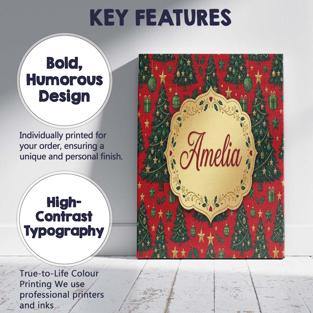 Personalised Name Festive Christmas Trees Custom Unique Gift Idea Elegant Feature Canvas Wall Art Print Decor Picture Ready to Hang