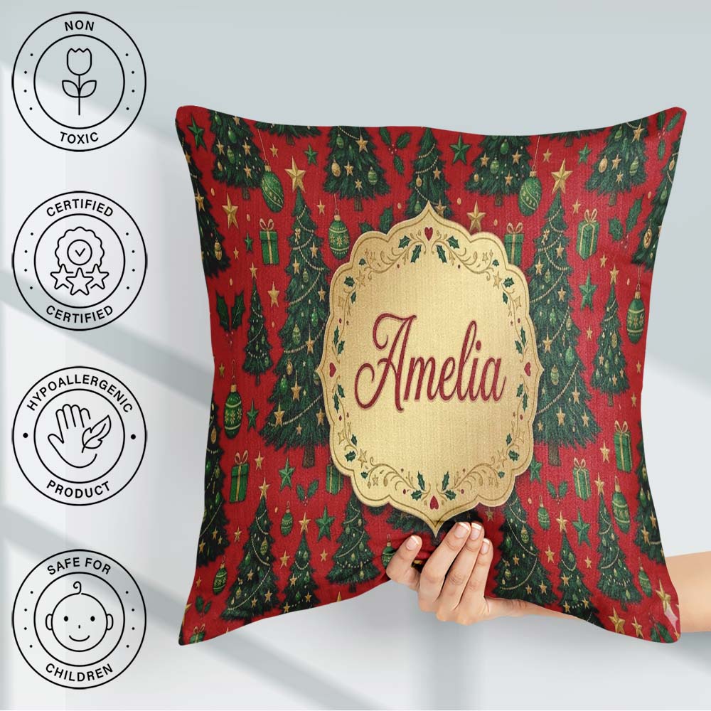 Custom Name Festive Christmas Trees with Gifts Stars and on Red Square Filled Cushion Throw Pillow Sofa Bed Home Decor Zip Washable UK Made