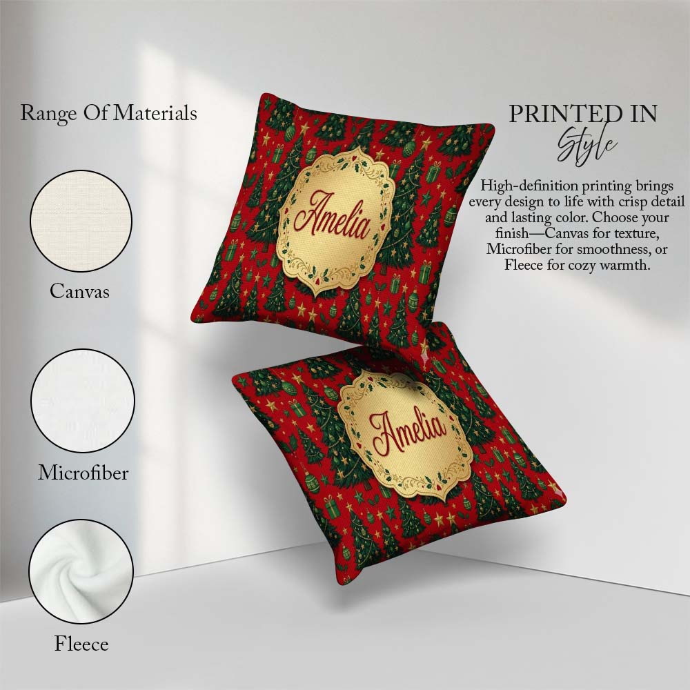 Custom Name Festive Christmas Trees with Gifts Stars and on Red Square Filled Cushion Throw Pillow Sofa Bed Home Decor Zip Washable UK Made