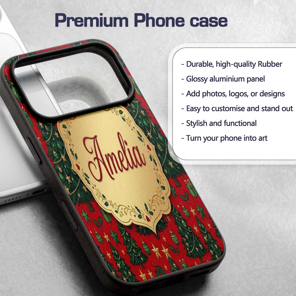 Festive Christmas Trees with Gifts Stars and Custom Name Protective Phone Case Mobile Cover Durable Everyday Smartphone Shock Resistant