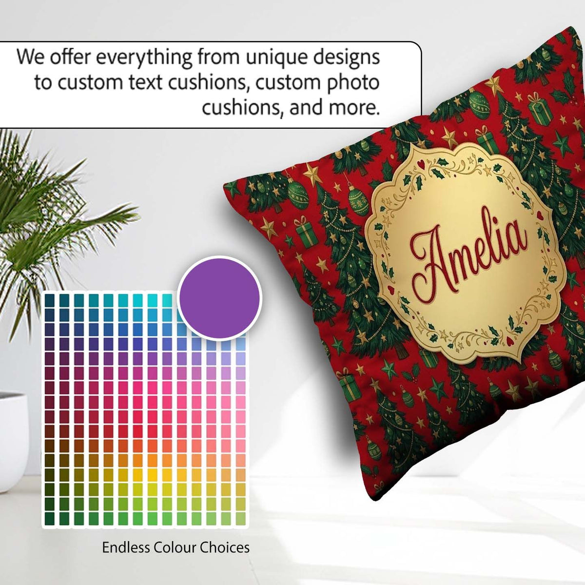 Custom Name Festive Christmas Trees with Gifts Stars and on Red Square Filled Cushion Throw Pillow Sofa Bed Home Decor Zip Washable UK Made