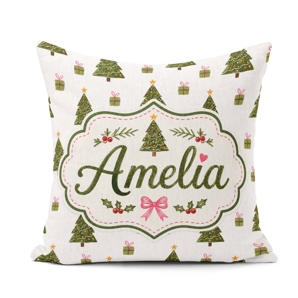 Custom Name Minimal Christmas Trees with Gifts and Stars Pattern Square Filled Cushion Throw Pillow Sofa Bed Home Decor Zip Washable UK Made