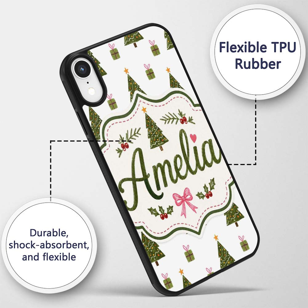 Minimal Christmas Trees with Gifts and Stars Cute Custom Name Protective Phone Case Mobile Cover Durable Everyday Smartphone Shock Resistant