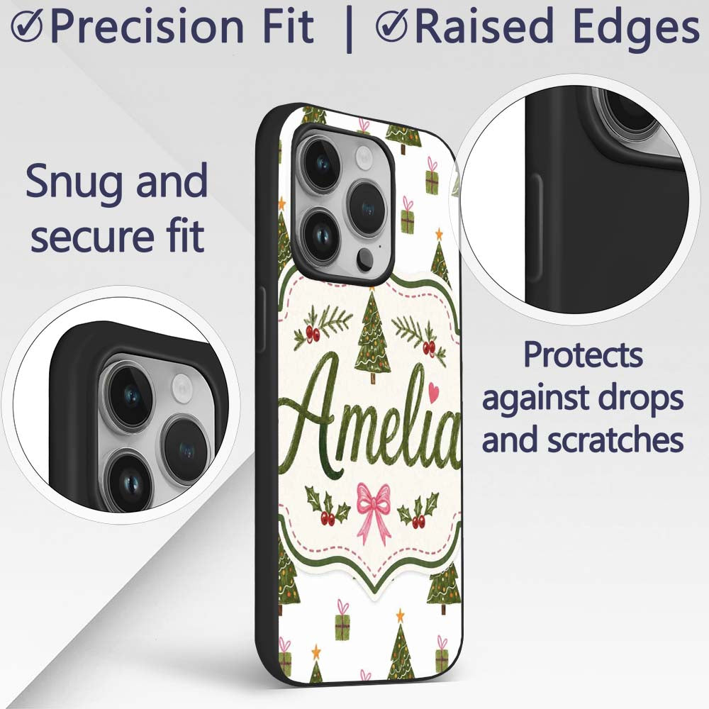 Minimal Christmas Trees with Gifts and Stars Cute Custom Name Protective Phone Case Mobile Cover Durable Everyday Smartphone Shock Resistant