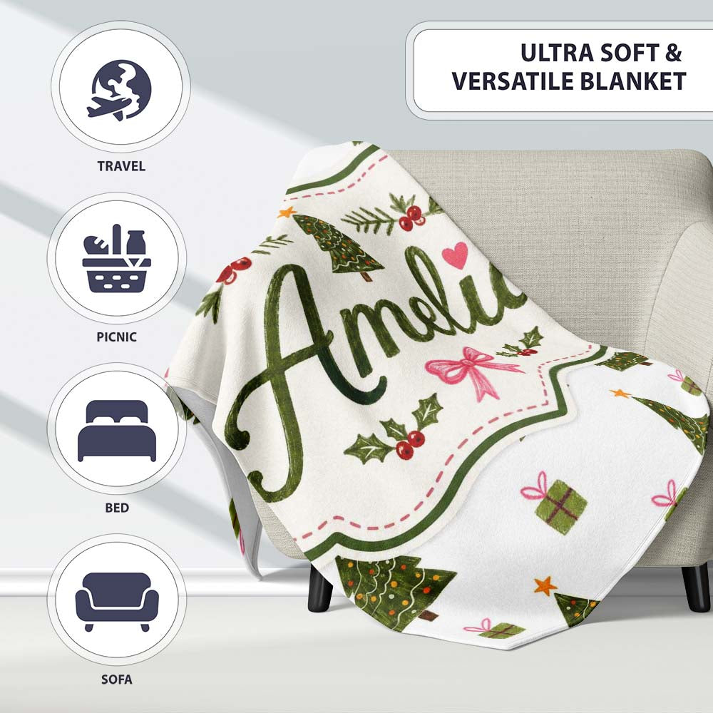 Minimal Christmas Trees with Gifts and Stars Cute Seamless Pattern Personalised Custom Name Super Soft Fleece Blanket Bed Sofa Throw