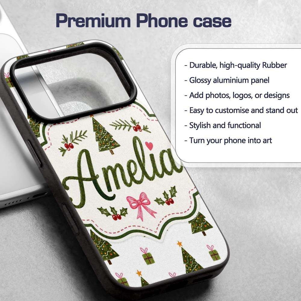 Minimal Christmas Trees with Gifts and Stars Cute Custom Name Protective Phone Case Mobile Cover Durable Everyday Smartphone Shock Resistant