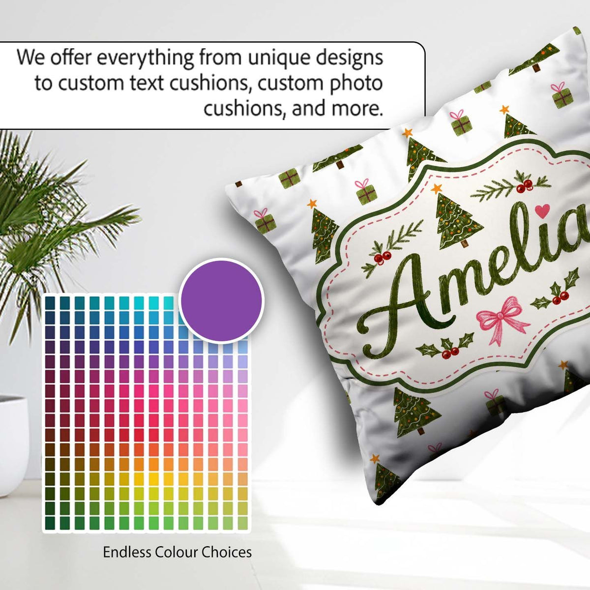 Custom Name Minimal Christmas Trees with Gifts and Stars Pattern Square Filled Cushion Throw Pillow Sofa Bed Home Decor Zip Washable UK Made