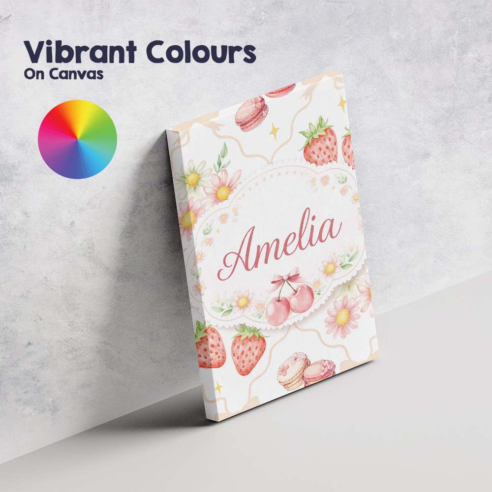 Personalised Name Strawberry Cherry Daisy White Beige Outline Cute Custom Unique Canvas Wall Art Print Decor Picture Ready to Hang