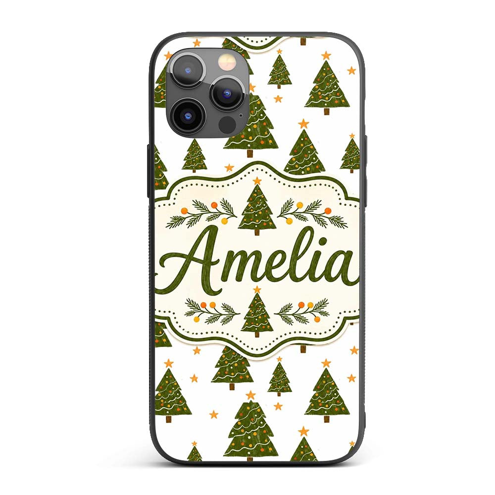Hand Drawn Christmas Trees with Stars Minimal Custom Name Protective Phone Case Mobile Cover Durable Everyday Smartphone Shock Resistant