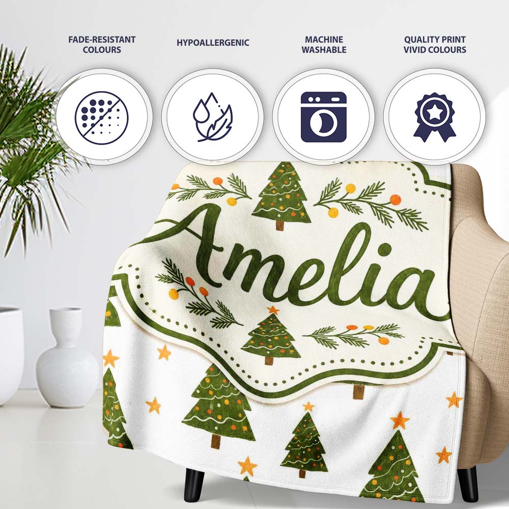 Hand Drawn Christmas Trees with Stars Minimal Seamless Pattern Personalised Custom Name Super Soft Fleece Blanket Bed Sofa Throw