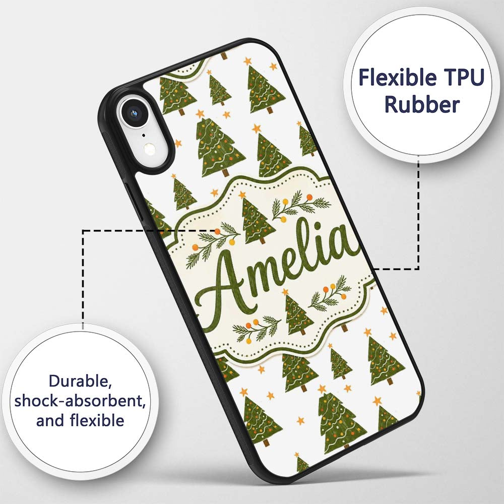 Hand Drawn Christmas Trees with Stars Minimal Custom Name Protective Phone Case Mobile Cover Durable Everyday Smartphone Shock Resistant
