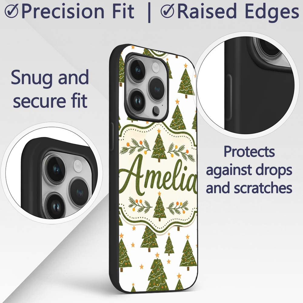 Hand Drawn Christmas Trees with Stars Minimal Custom Name Protective Phone Case Mobile Cover Durable Everyday Smartphone Shock Resistant