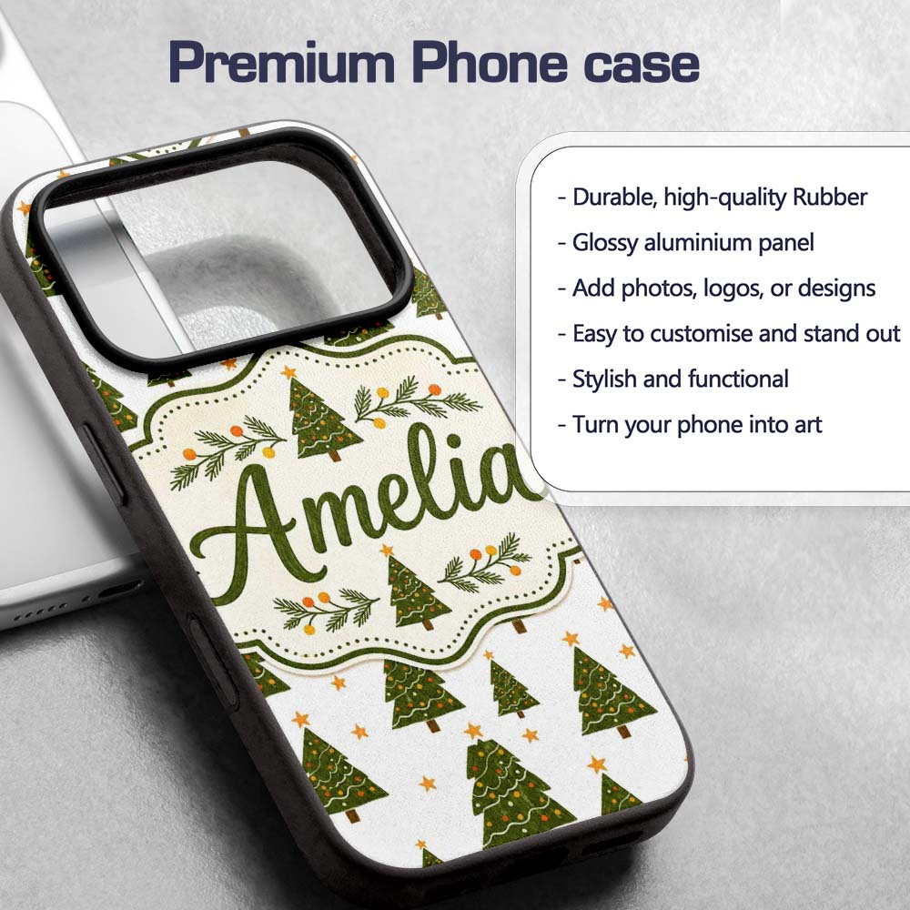 Hand Drawn Christmas Trees with Stars Minimal Custom Name Protective Phone Case Mobile Cover Durable Everyday Smartphone Shock Resistant