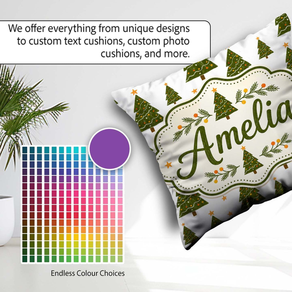 Custom Name Hand Drawn Trees with Stars Minimal Seamless Pattern Square Filled Cushion Throw Pillow Sofa Bed Home Decor Zip Washable UK Made
