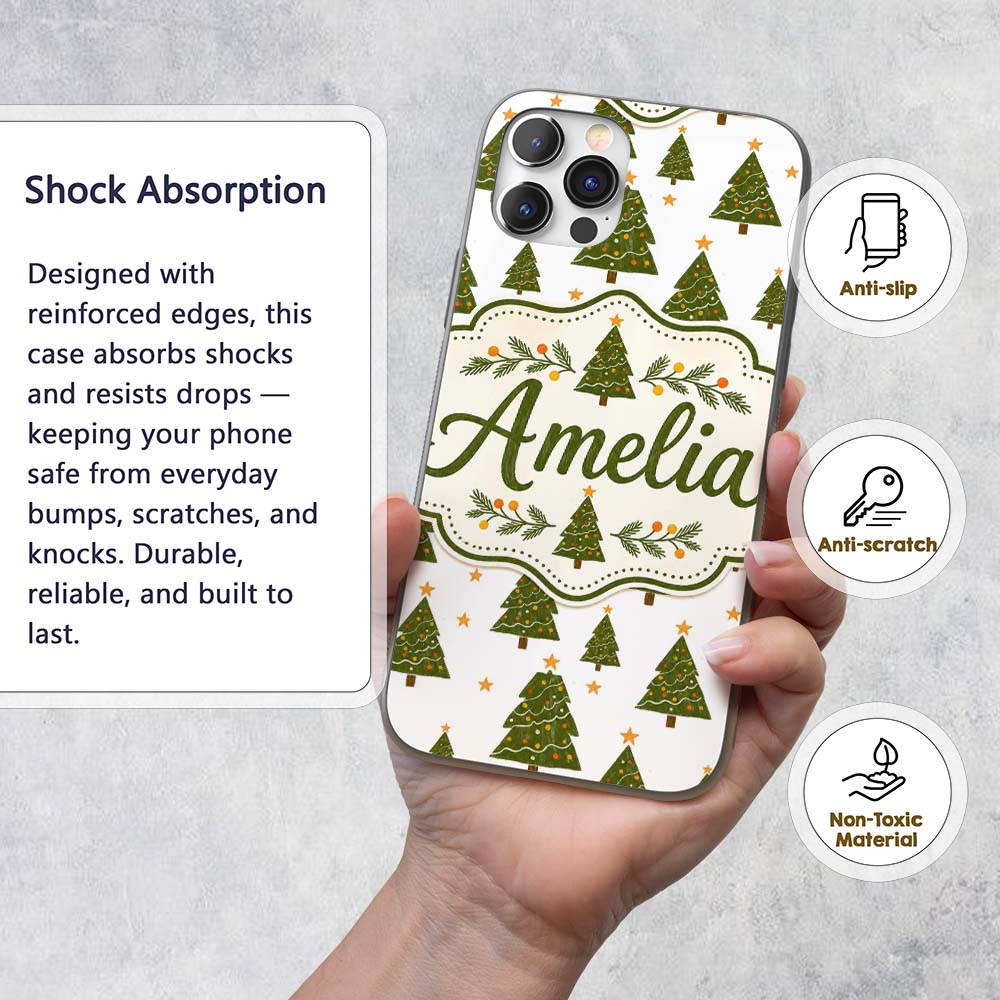Hand Drawn Christmas Trees with Stars Minimal Custom Name Protective Phone Case Mobile Cover Durable Everyday Smartphone Shock Resistant