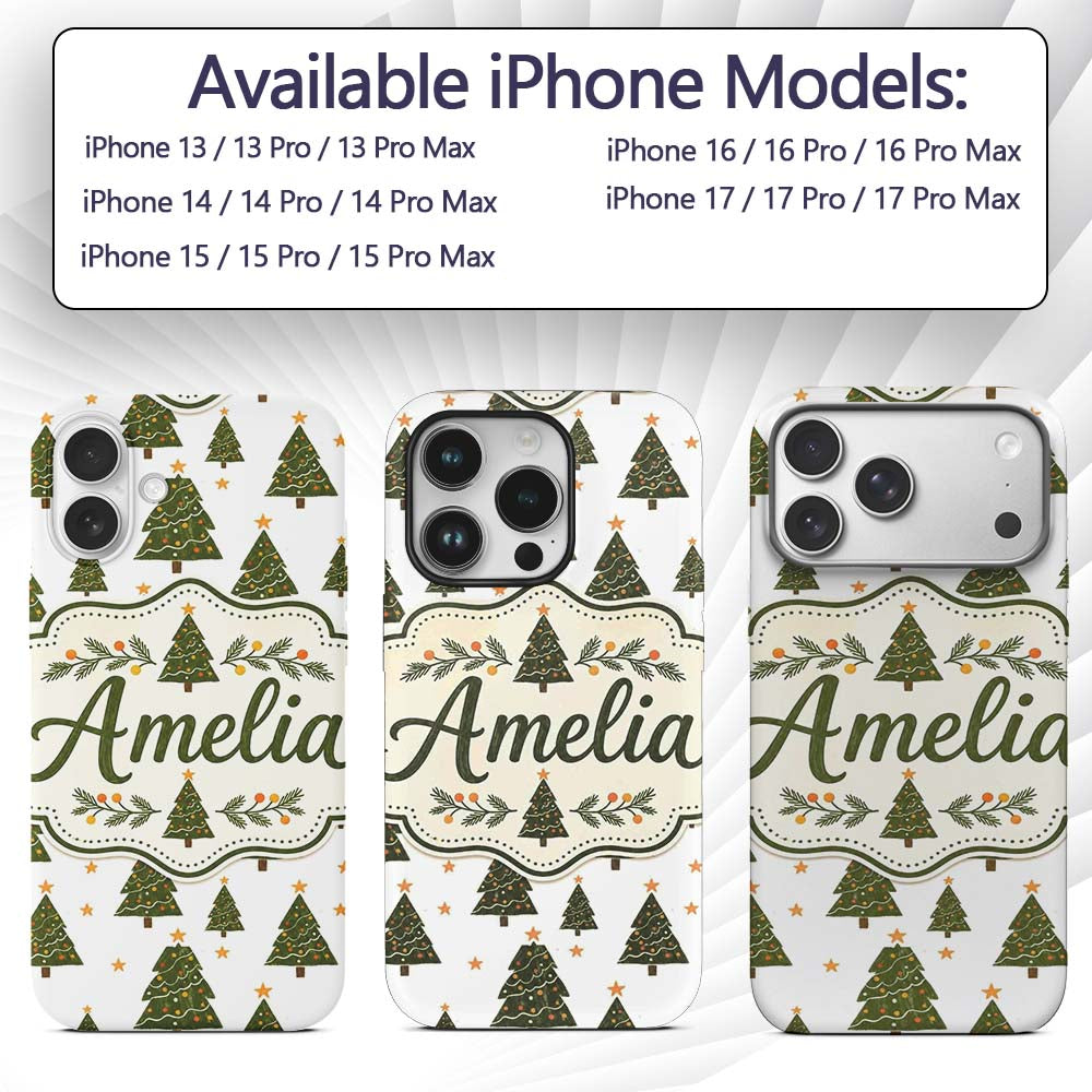 Hand Drawn Christmas Trees with Stars Minimal Custom Name Protective Phone Case Mobile Cover Durable Everyday Smartphone Shock Resistant