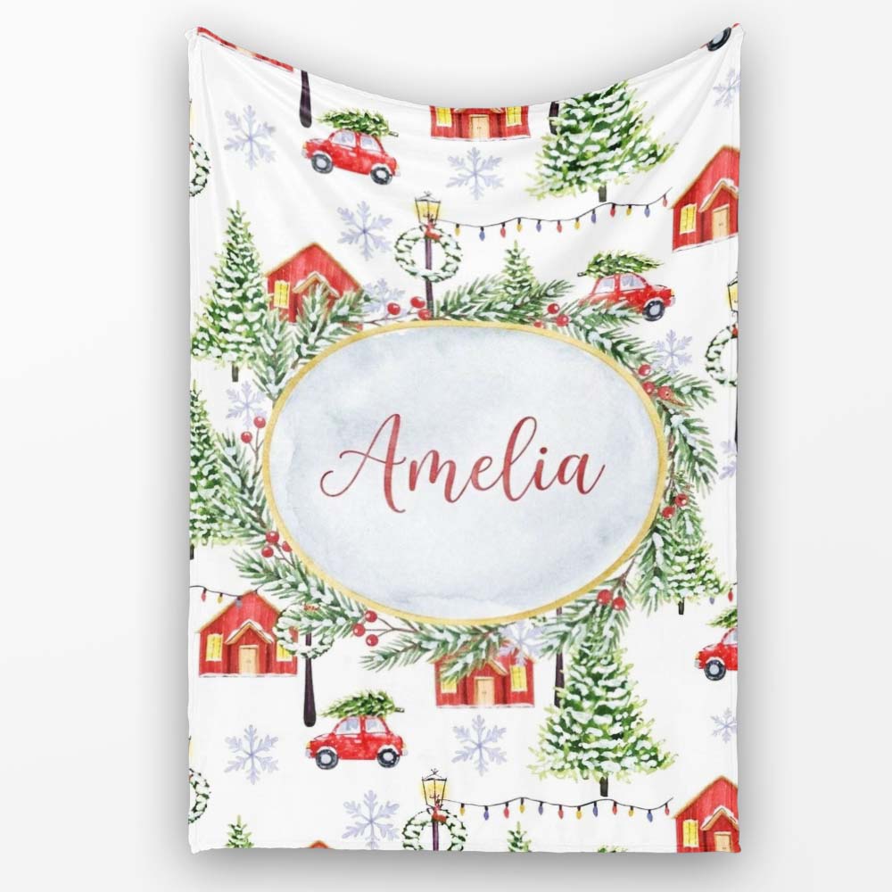 Winter Village with Red Houses Cars and Snowy Trees Seamless Pattern Personalised Custom Name Super Soft Fleece Blanket Bed Sofa Throw