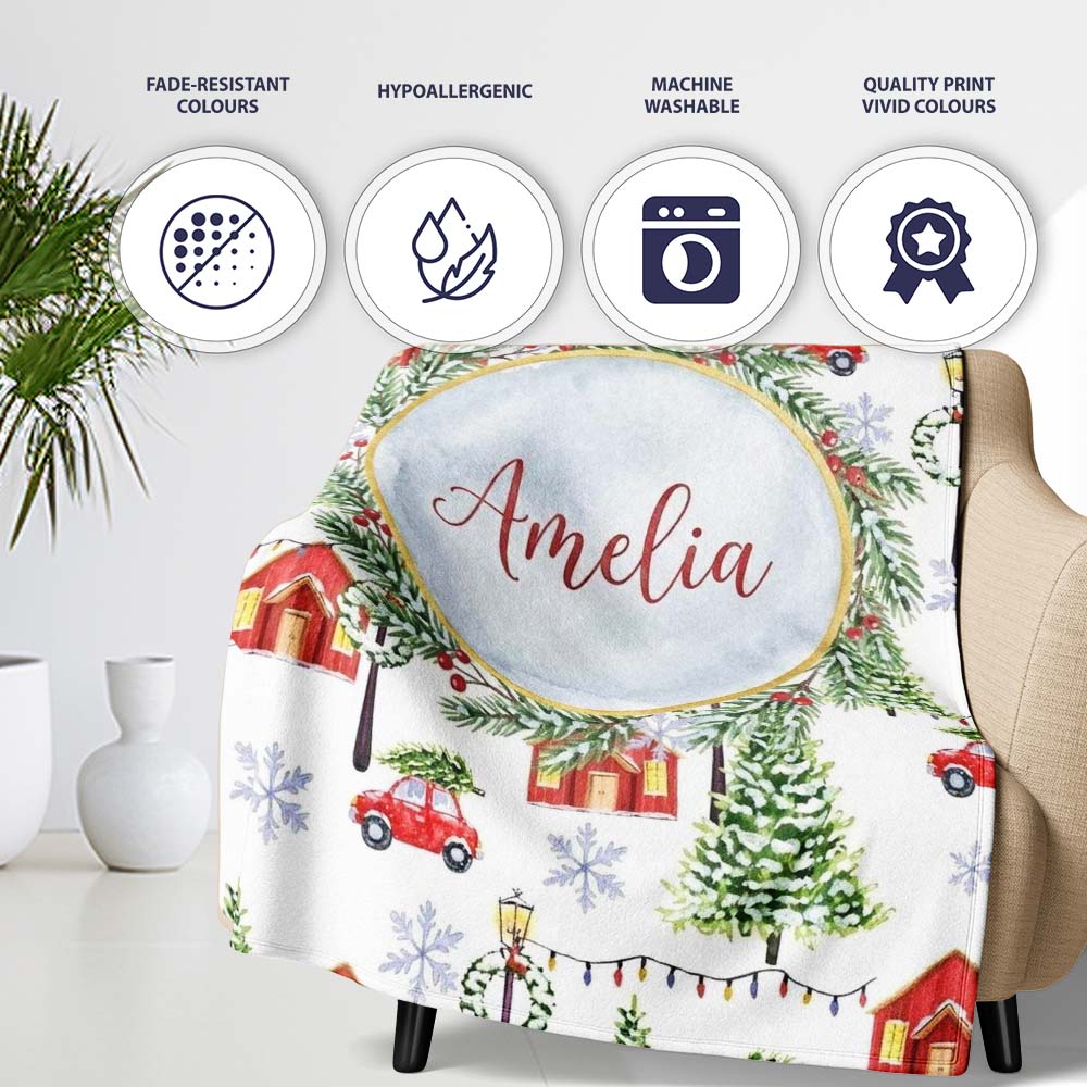 Winter Village with Red Houses Cars and Snowy Trees Seamless Pattern Personalised Custom Name Super Soft Fleece Blanket Bed Sofa Throw