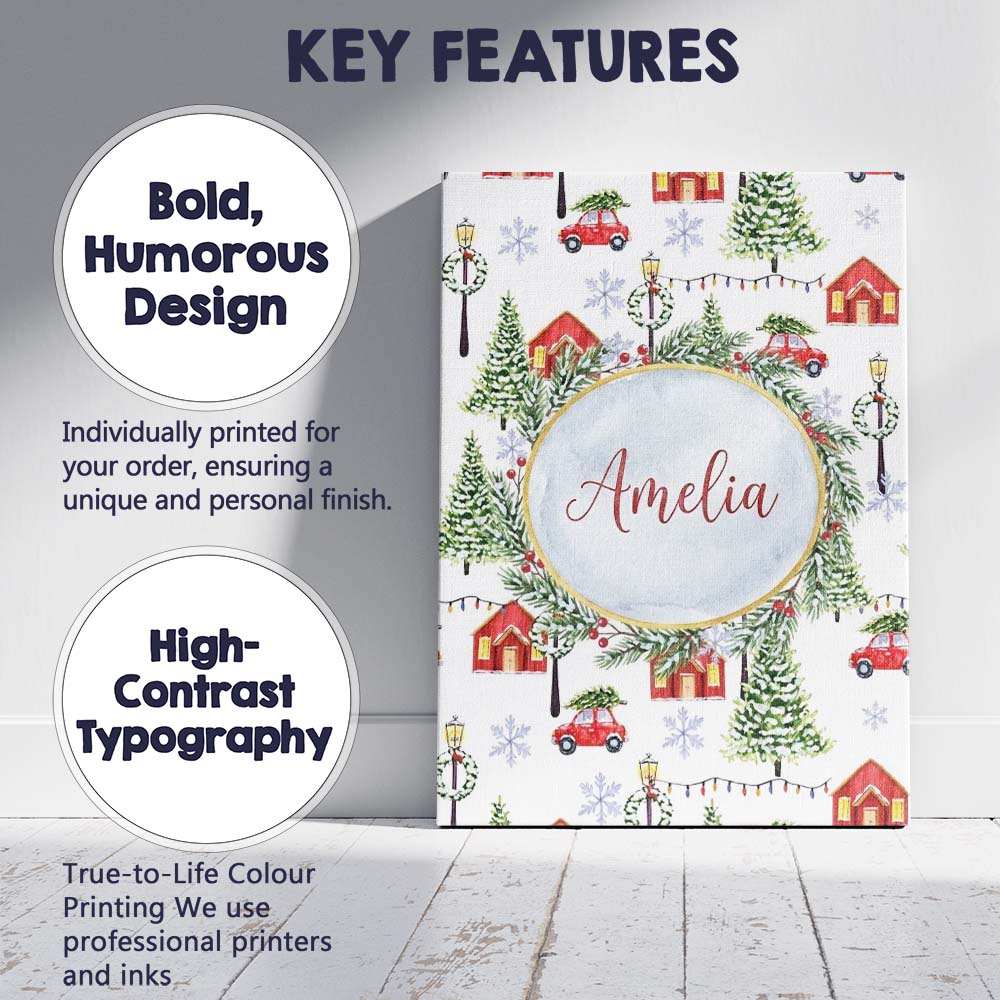 Personalised Name Winter Village with Red Custom Unique Gift Idea Elegant Feature Canvas Wall Art Print Decor Picture Ready to Hang