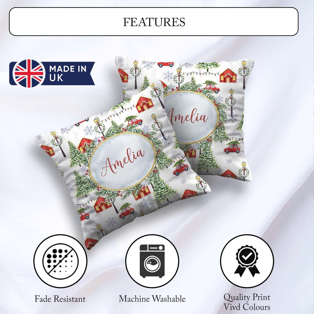 Custom Name Winter with Red Houses Cars and Snowy Trees Seamless Square Filled Cushion Throw Pillow Sofa Bed Home Decor Zip Washable UK Made