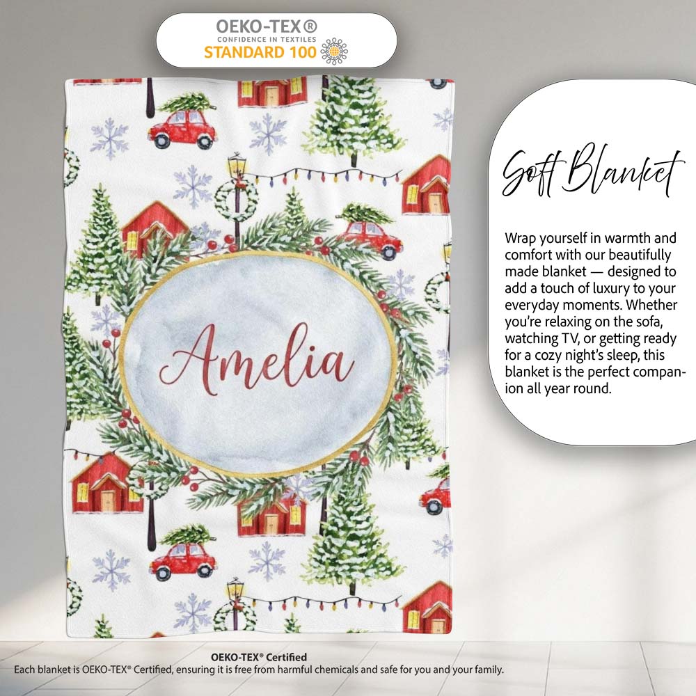 Winter Village with Red Houses Cars and Snowy Trees Seamless Pattern Personalised Custom Name Super Soft Fleece Blanket Bed Sofa Throw