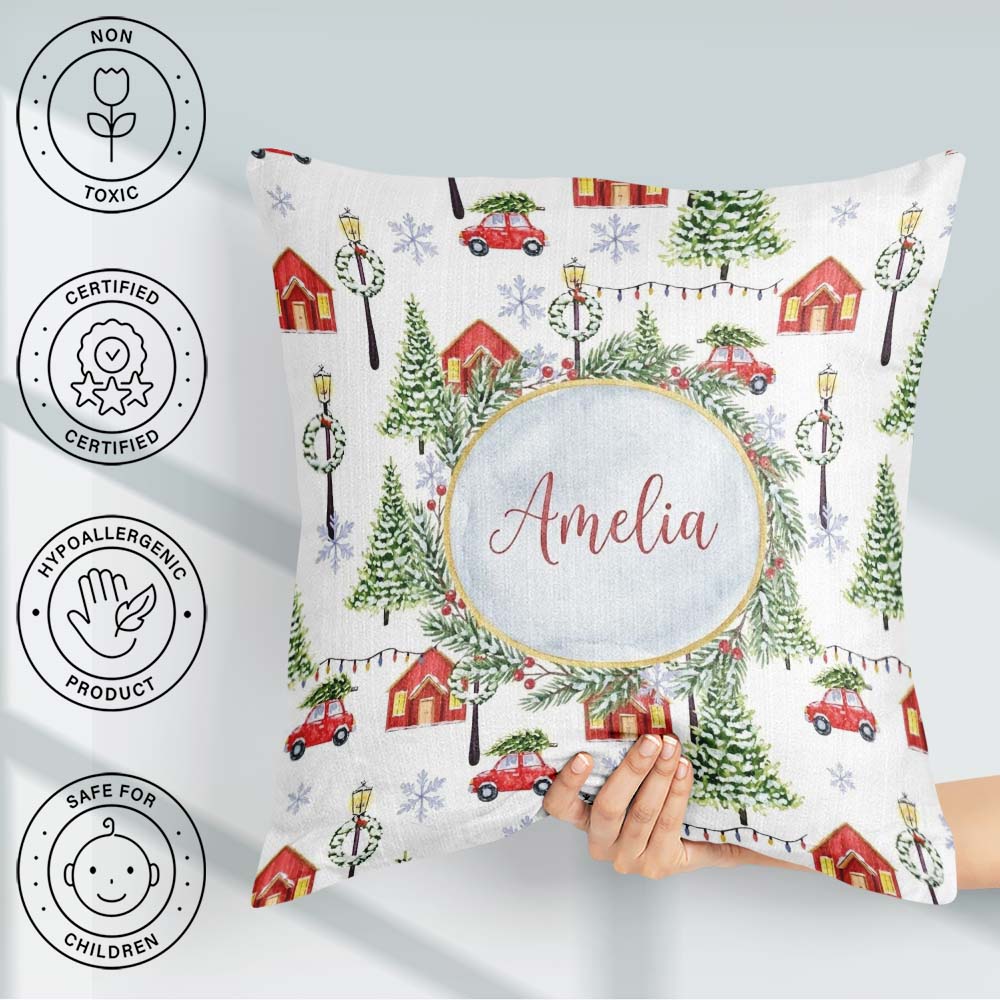 Custom Name Winter with Red Houses Cars and Snowy Trees Seamless Square Filled Cushion Throw Pillow Sofa Bed Home Decor Zip Washable UK Made