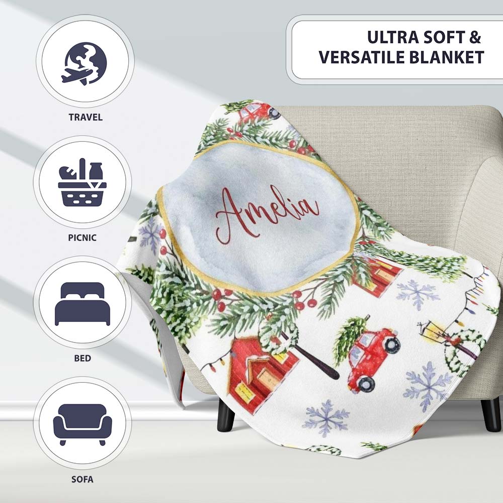 Winter Village with Red Houses Cars and Snowy Trees Seamless Pattern Personalised Custom Name Super Soft Fleece Blanket Bed Sofa Throw