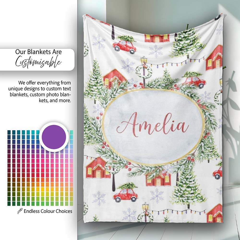 Winter Village with Red Houses Cars and Snowy Trees Seamless Pattern Personalised Custom Name Super Soft Fleece Blanket Bed Sofa Throw