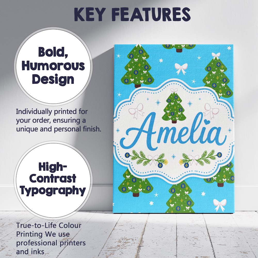 Personalised Name Christmas Trees with Bows Custom Bespoke Interior Contemporary Canvas Wall Art Print Decor Picture Ready to Hang