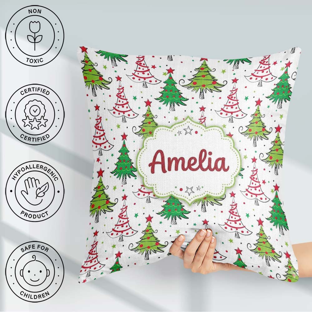 Custom Name Hand Drawn Trees with Stars Dots and Swirls Seamless Square Filled Cushion Throw Pillow Sofa Bed Home Decor Zip Washable UK Made