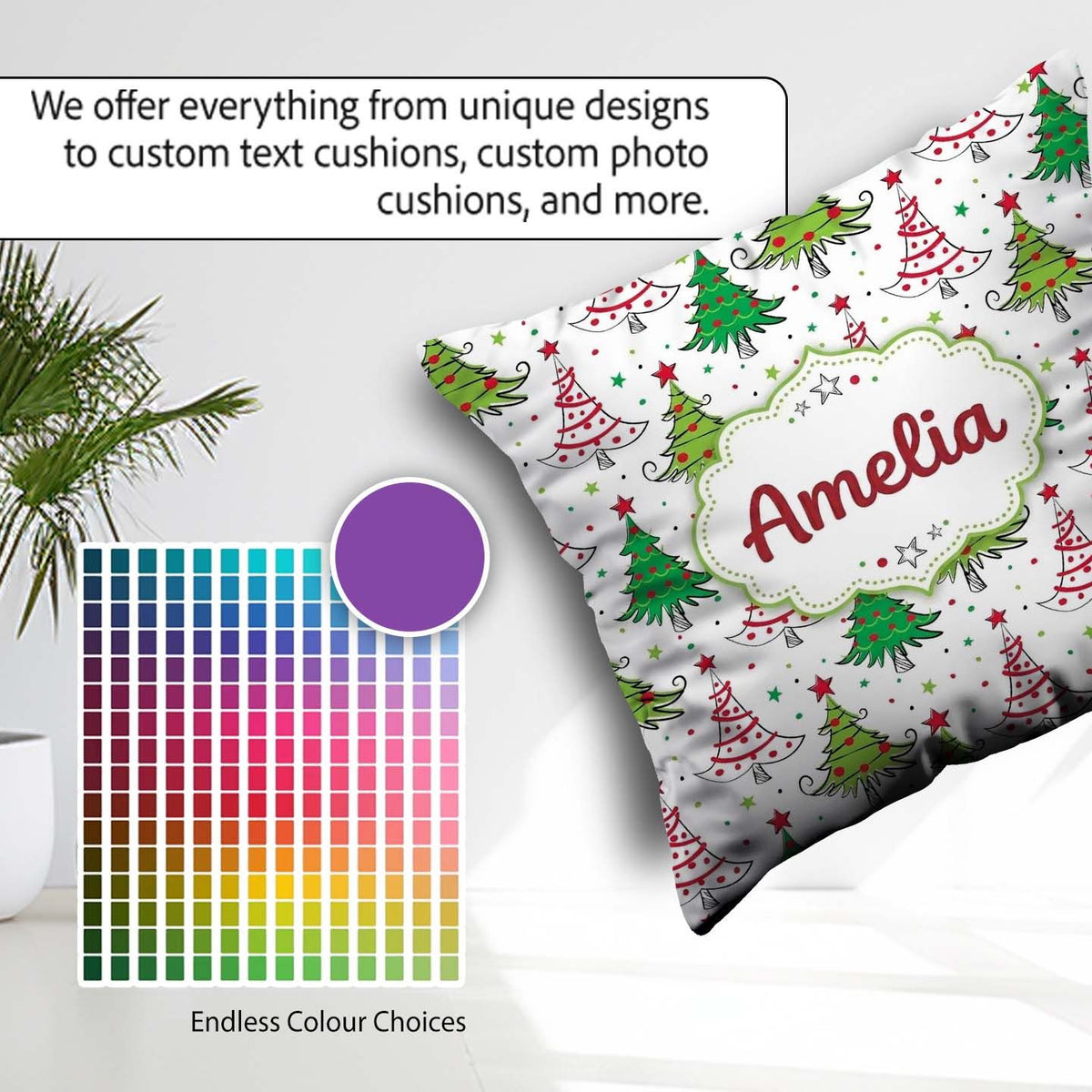Custom Name Hand Drawn Trees with Stars Dots and Swirls Seamless Square Filled Cushion Throw Pillow Sofa Bed Home Decor Zip Washable UK Made