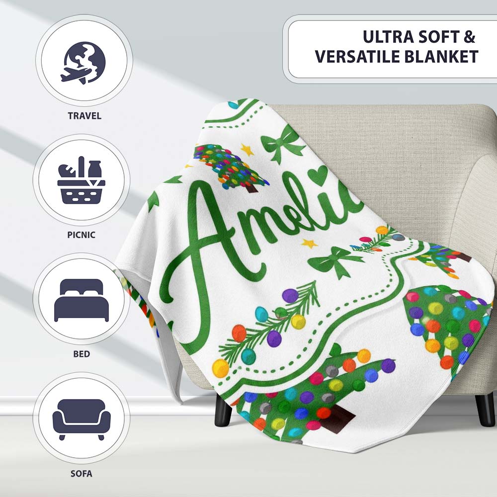 Colorful Christmas Tree with Bright Baubles and Star Top Seamless Personalised Custom Name Super Soft Fleece Blanket Bed Sofa Throw