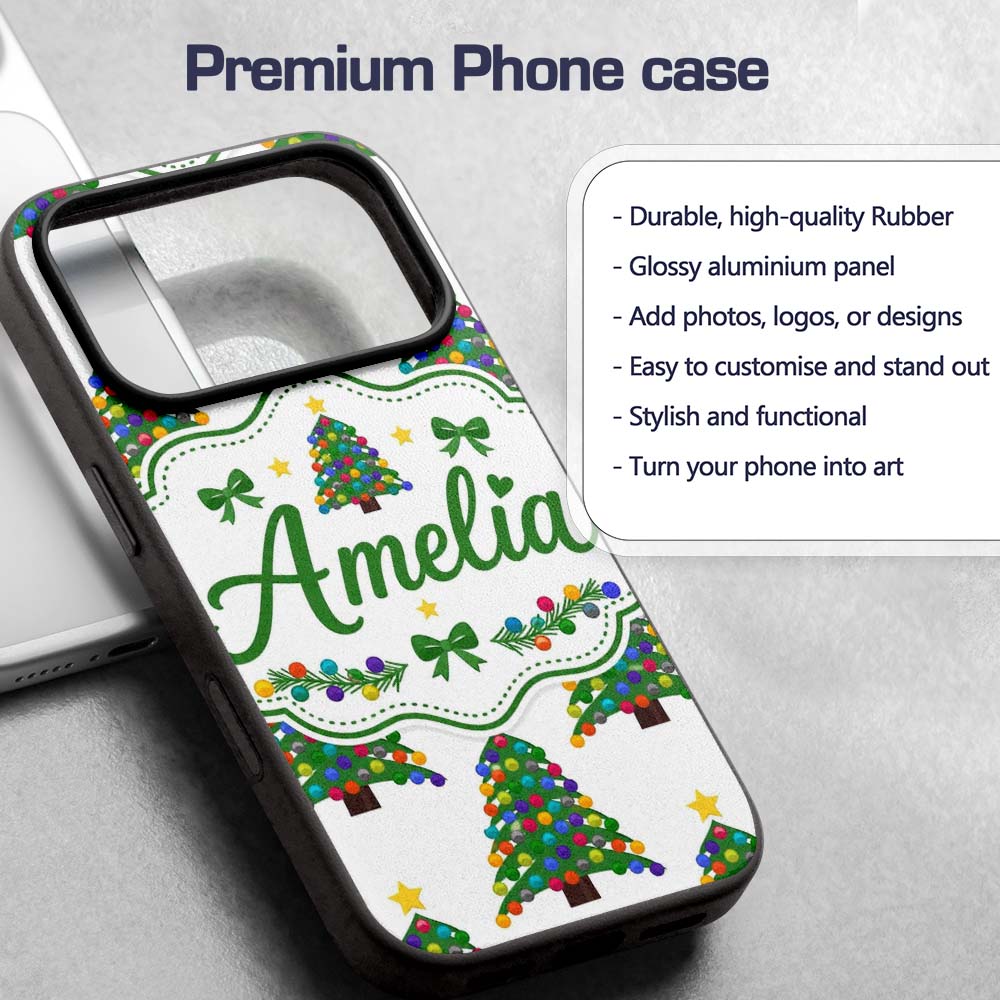 Colorful Christmas Tree with Bright Baubles and Custom Name Protective Phone Case Mobile Cover Durable Everyday Smartphone Shock Resistant