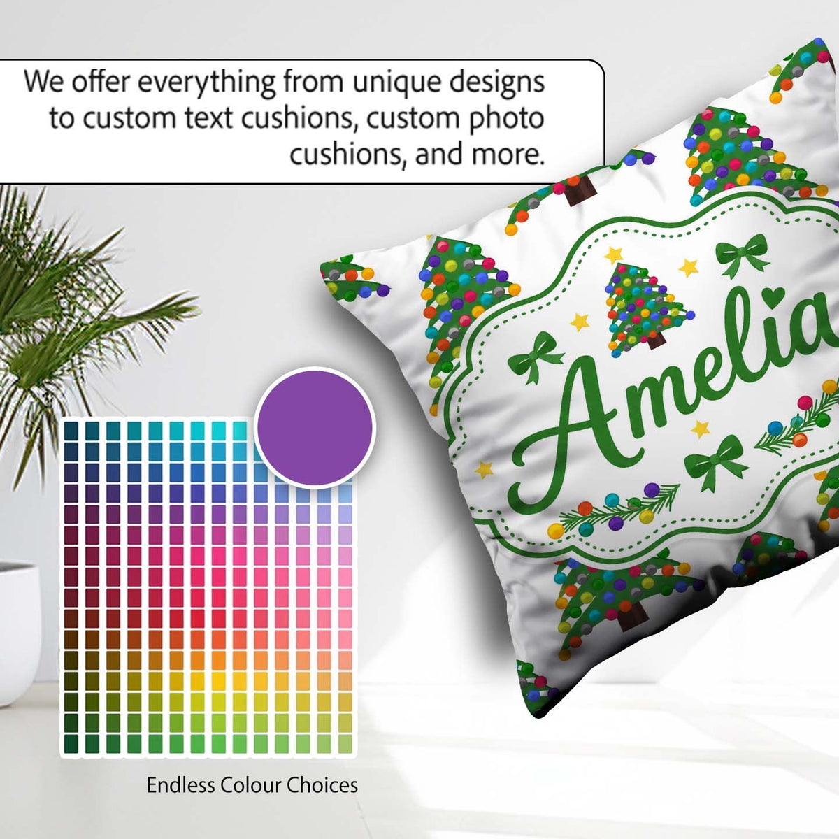 Custom Name Colorful Christmas Tree with Bright Baubles and Star Square Filled Cushion Throw Pillow Sofa Bed Home Decor Zip Washable UK Made