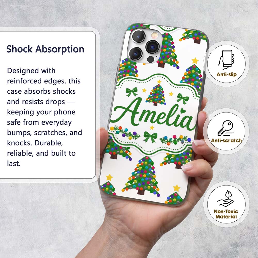 Colorful Christmas Tree with Bright Baubles and Custom Name Protective Phone Case Mobile Cover Durable Everyday Smartphone Shock Resistant
