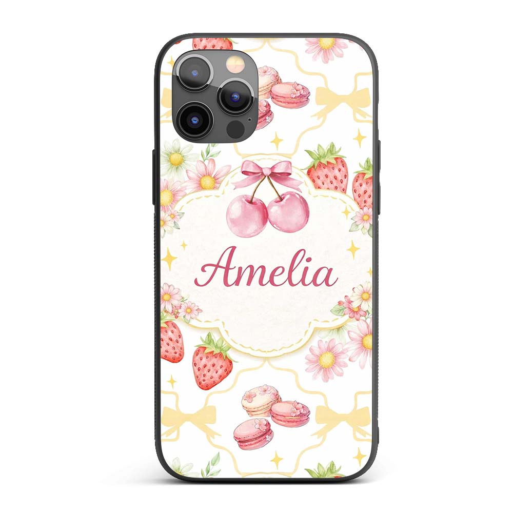 Strawberry Cherry Daisy White Yellow Outline Cute Custom Name Protective Phone Case Mobile Cover Durable Everyday Smartphone Shock Resistant