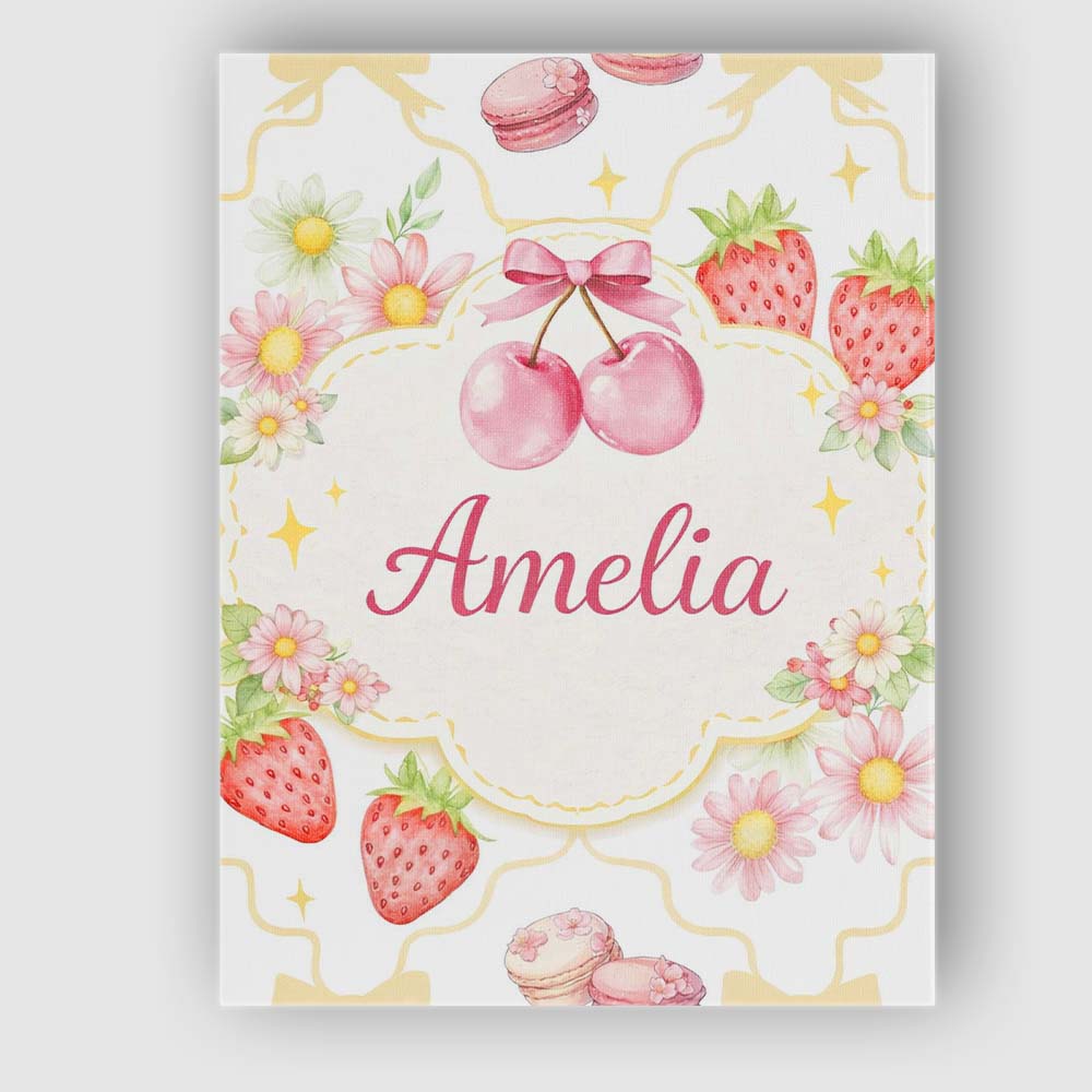 Personalised Name Strawberry Cherry Daisy White Yellow Outline Cute Custom Canvas Wall Art Print Decor Picture Ready to Hang