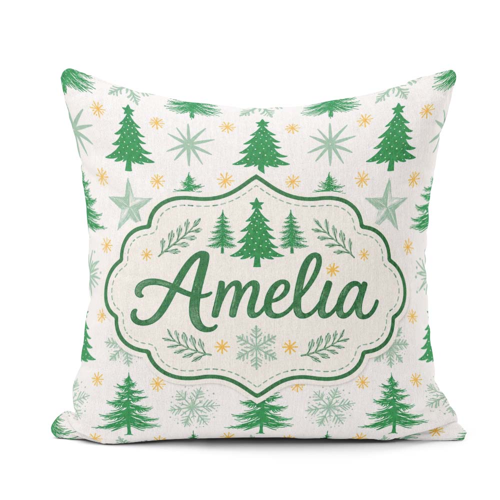 Custom Name Minimal Christmas Trees with Snowflakes and Seamless Square Filled Cushion Throw Pillow Sofa Bed Home Decor Zip Washable UK Made