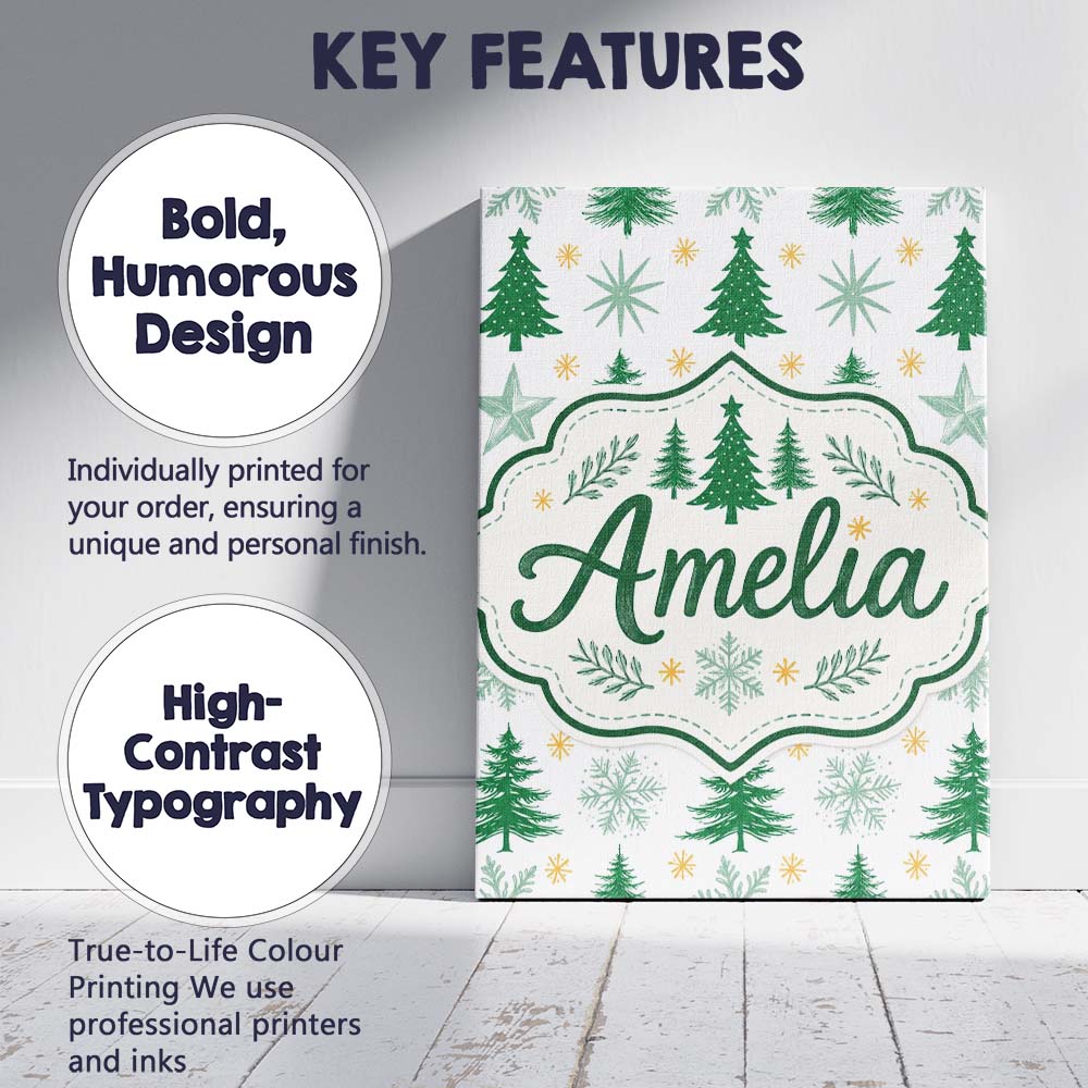 Personalised Name Minimal Christmas Trees Custom Unique Gift Idea Elegant Feature Canvas Wall Art Print Decor Picture Ready to Hang