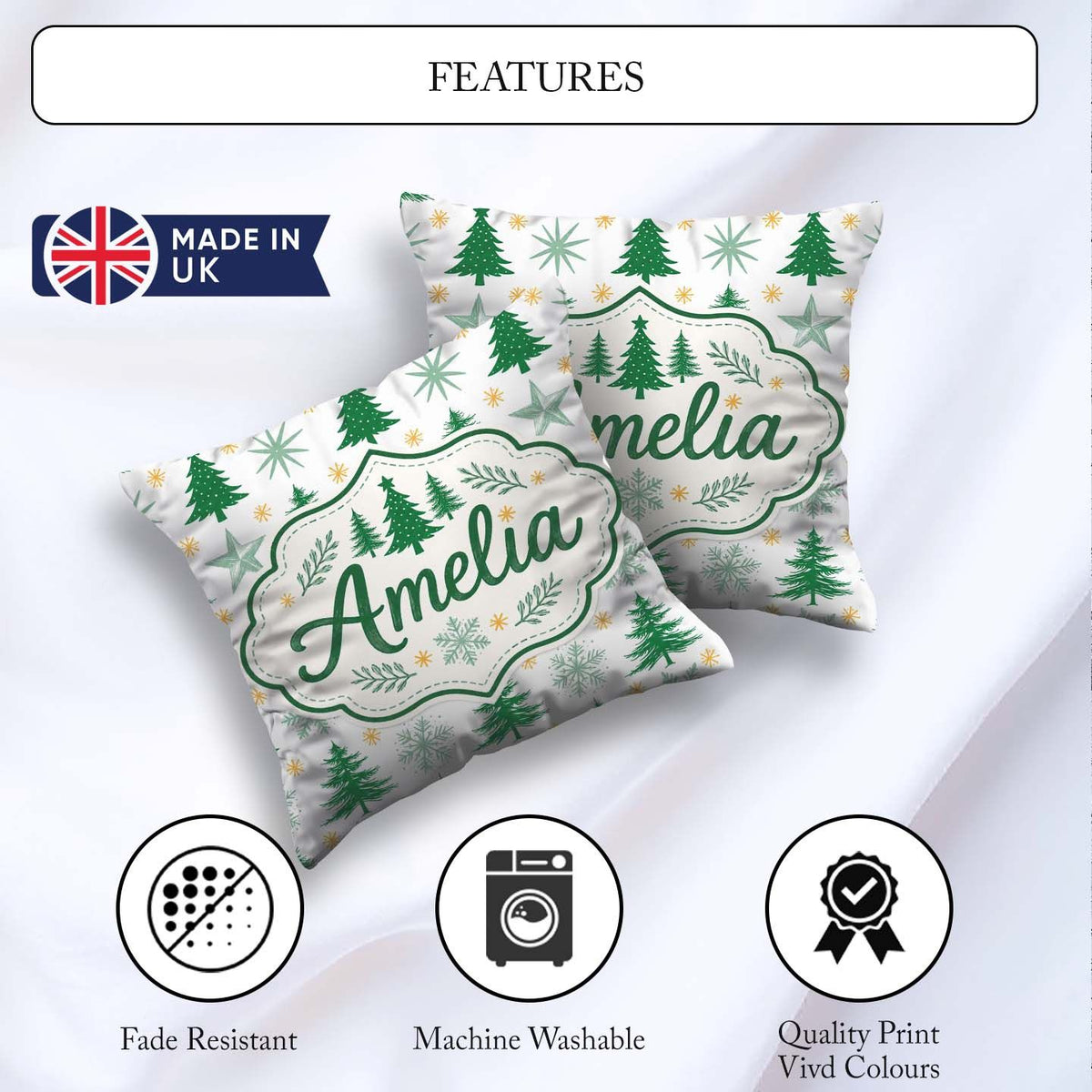Custom Name Minimal Christmas Trees with Snowflakes and Seamless Square Filled Cushion Throw Pillow Sofa Bed Home Decor Zip Washable UK Made