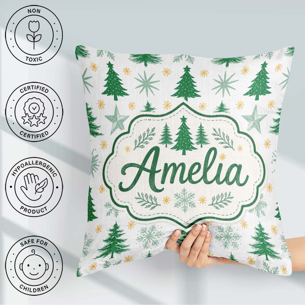 Custom Name Minimal Christmas Trees with Snowflakes and Seamless Square Filled Cushion Throw Pillow Sofa Bed Home Decor Zip Washable UK Made